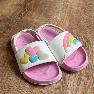 Place Girls White Strap Pink Slide Sandals with Rainbow Hearts